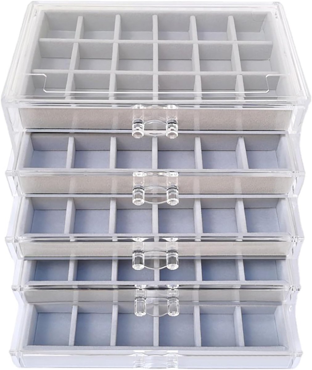 SnelShoppen - Luxe Sieradenbox, Sieraden Organizer, Oorbellenopberger, 5 Laags met 90 Kleine Compartimenten, Stapelbare Velvet + Acryl Lades, Opslag v