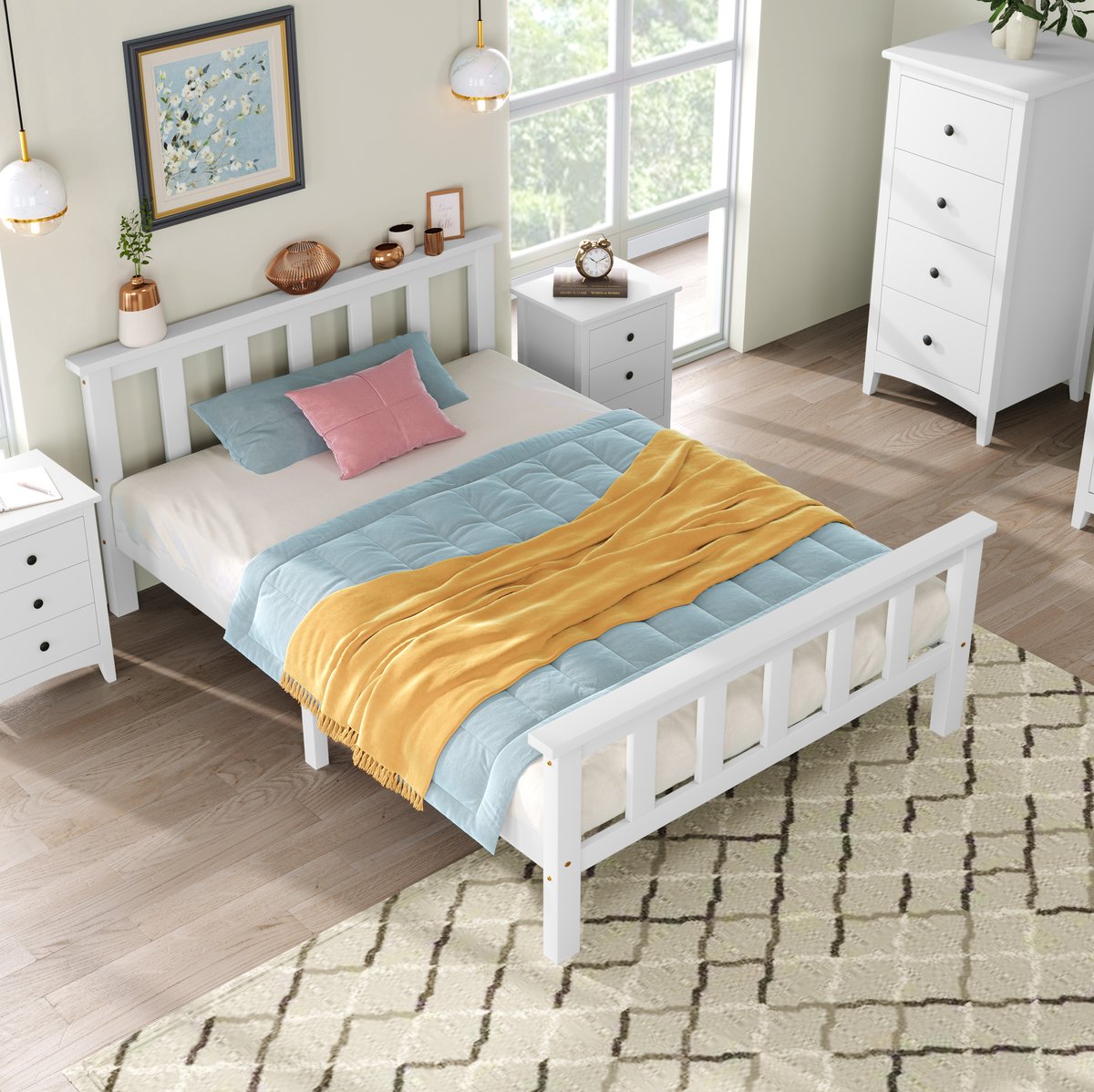 COVREO Bed 96x208 cm – wit, van hout en MDF, inclusief lattenbodem voor matras 90x200 cm