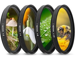 PromoHome 62 mm close-up macrofilterkit (+2, +4, +8, +10) met filtertasje voor FUJI XF 23mm f1.4 Nik. Z 35mm f1.8 Olym. ED 12-40mm f2.8 en Andere Camera's met 62 mm Schroefdraadlens