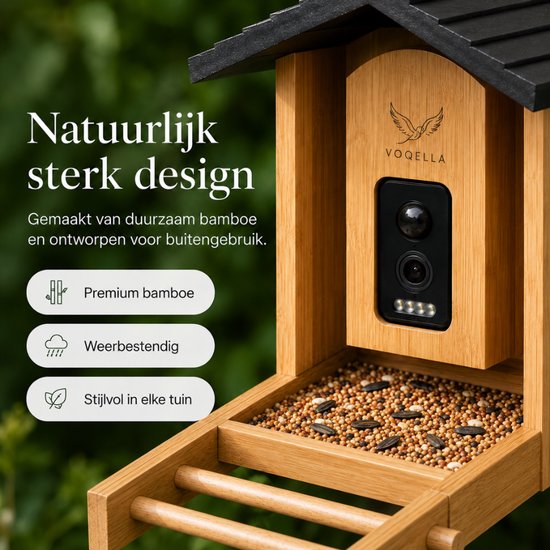 Vogelhuisje van bamboe met camera en voerbak, met focus op het natuurlijke, sterke design. Gemaakt van premium bamboe, weerbestendig, stijlvol.
