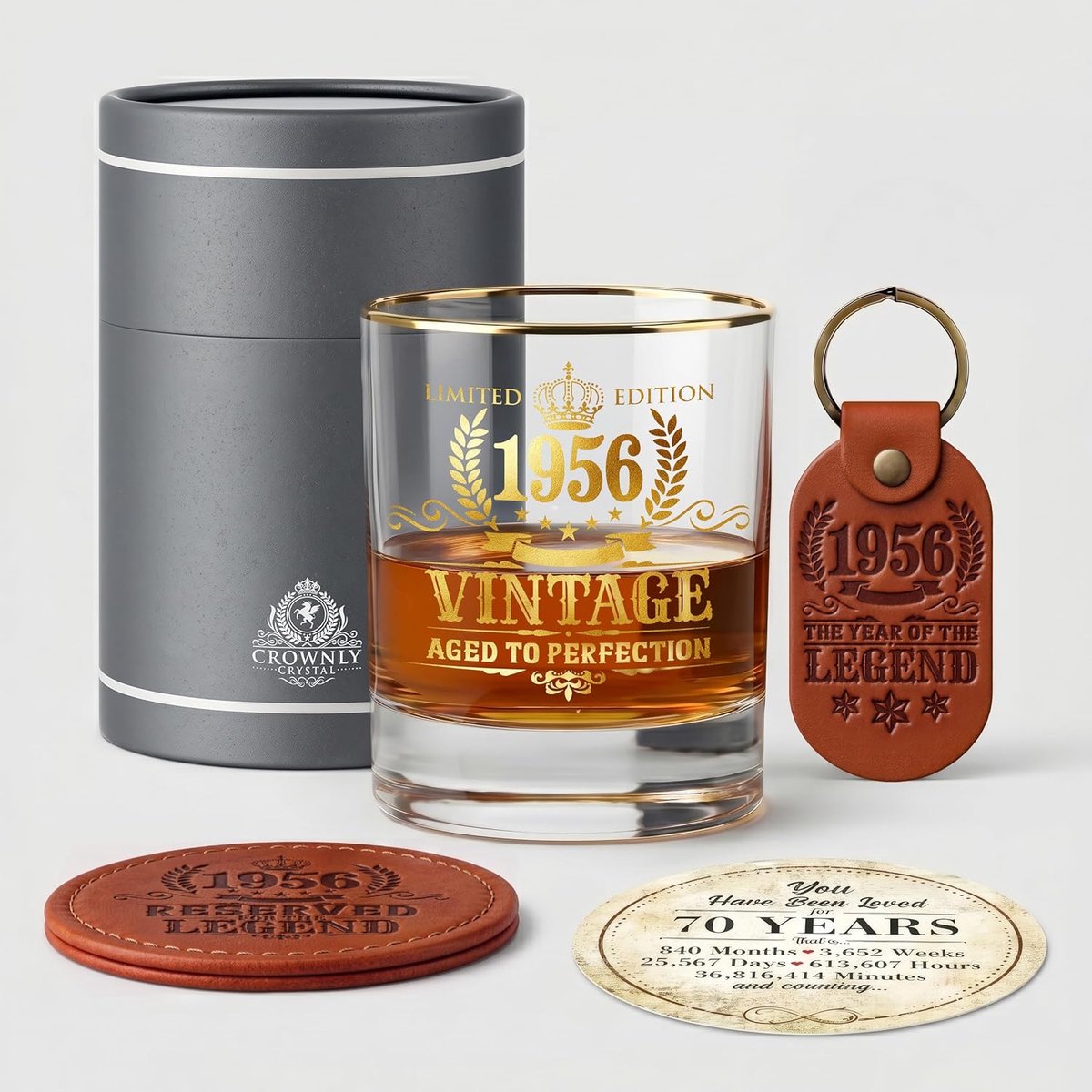 SnelShoppen - Vintage Whisky Glas 1956 - Luxe Whiskey Tumbler in Houten Doos - 70 Jaar Verjaardag Cadeau voor Mannen, Vader, Opa - Perfect voor Feest