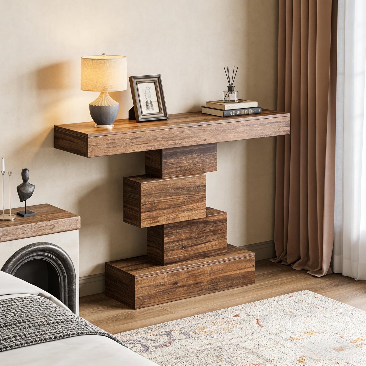 COVREO Sidetable 108x30x80 cm - donkerbruin, spaanplaat, geometrische basis