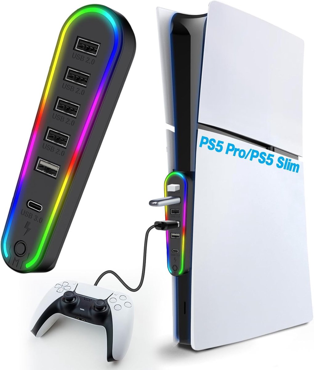 SnelShoppen - USB Hub voor PS5 Pro/Slim Console | 4 Poorten USB Expansie, Fast Charger, Splitter Adapter met RGB Verlichting voor PS5 Slim/Pro