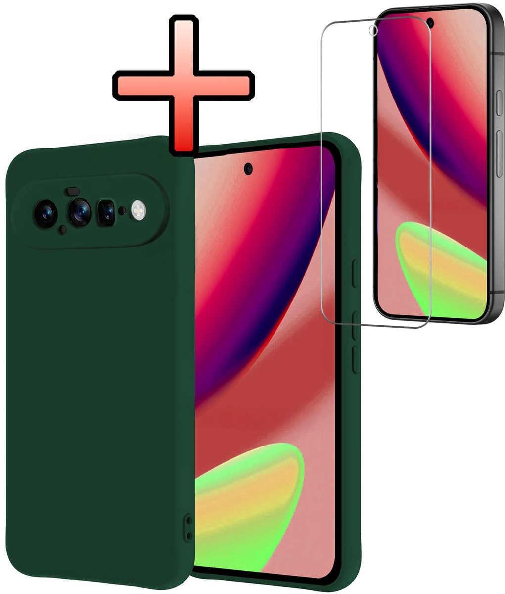 Hoesje - Met Screenprotector - Geschikt voor Google Pixel 11 - Sterk & Shockproof - Back Cover - Siliconen Case - Telefoon Hoes - Donkergroen