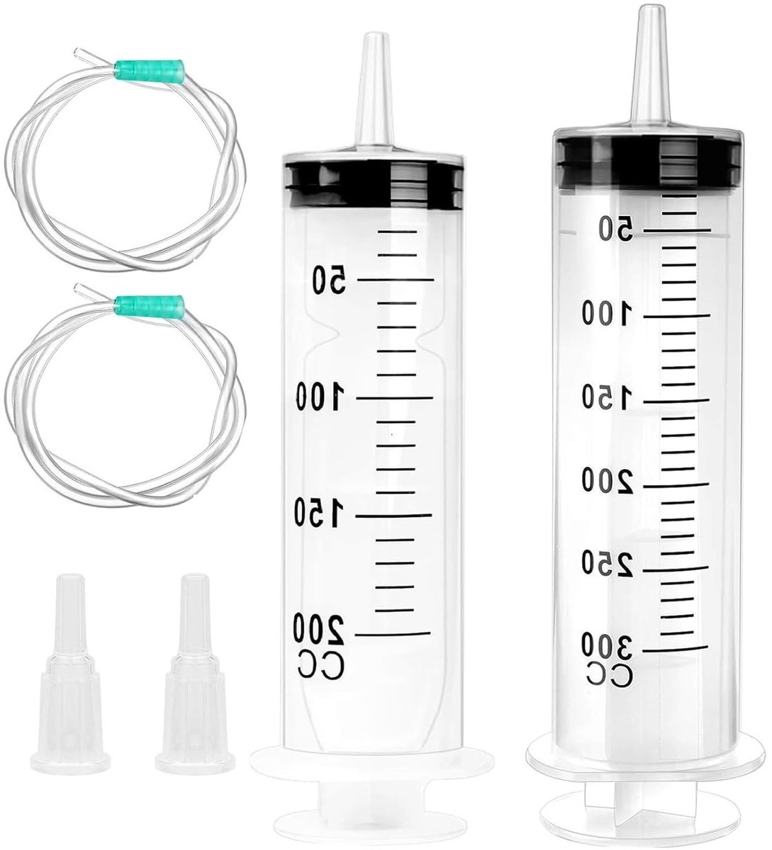 Set van 2 spuiten, 200 ml en 300 ml, met slang - grote doseerspuit voor olie, laboratorium en dierenvoeding