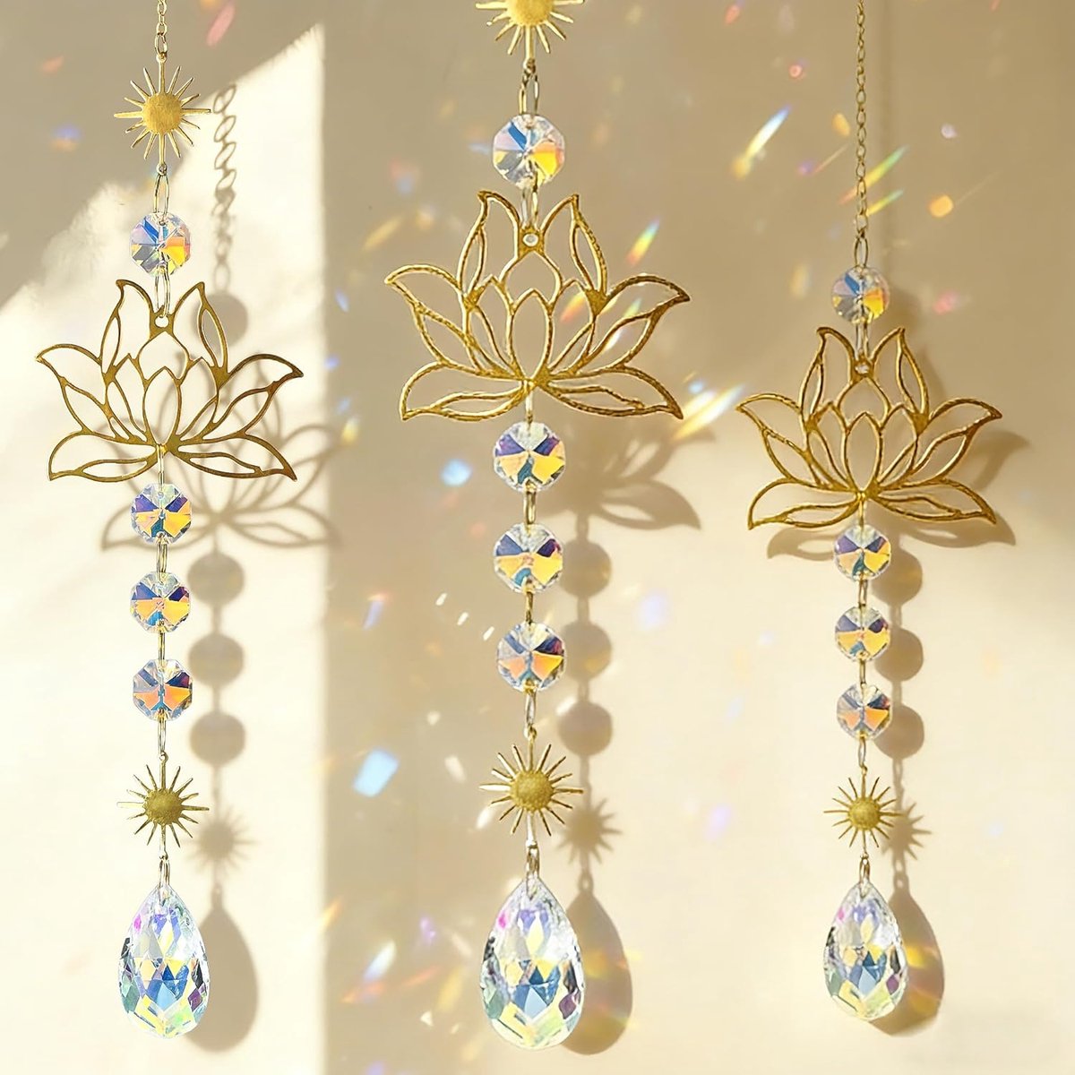 SnelShoppen - 3 Stuks Lotus Blossom Zonnevanger Met Kristallen Prisma's Voor Ramen - Elegante Messing Zonnevanger Voor Thuis, Kantoor - Lichtvanger Wi