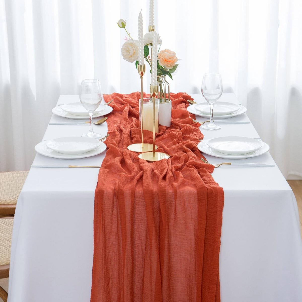 SnelShoppen - Muslin Tafelrunner Oranje 300x80cm - Cheesecloth Tafelkleed voor Bruiloft, Feesten en Speciale Gelegenheden - Terracotta Kleur