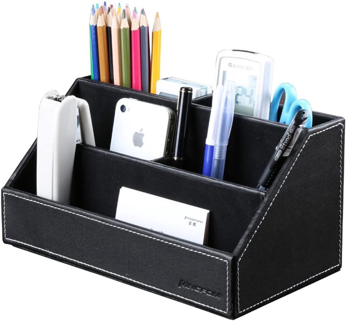 SnelShoppen - Multifunctionele Bureau Organizer van Hout en PU Leer, 5 Compartimenten, Zwart, Ideaal voor Kantoor, Thuis en School