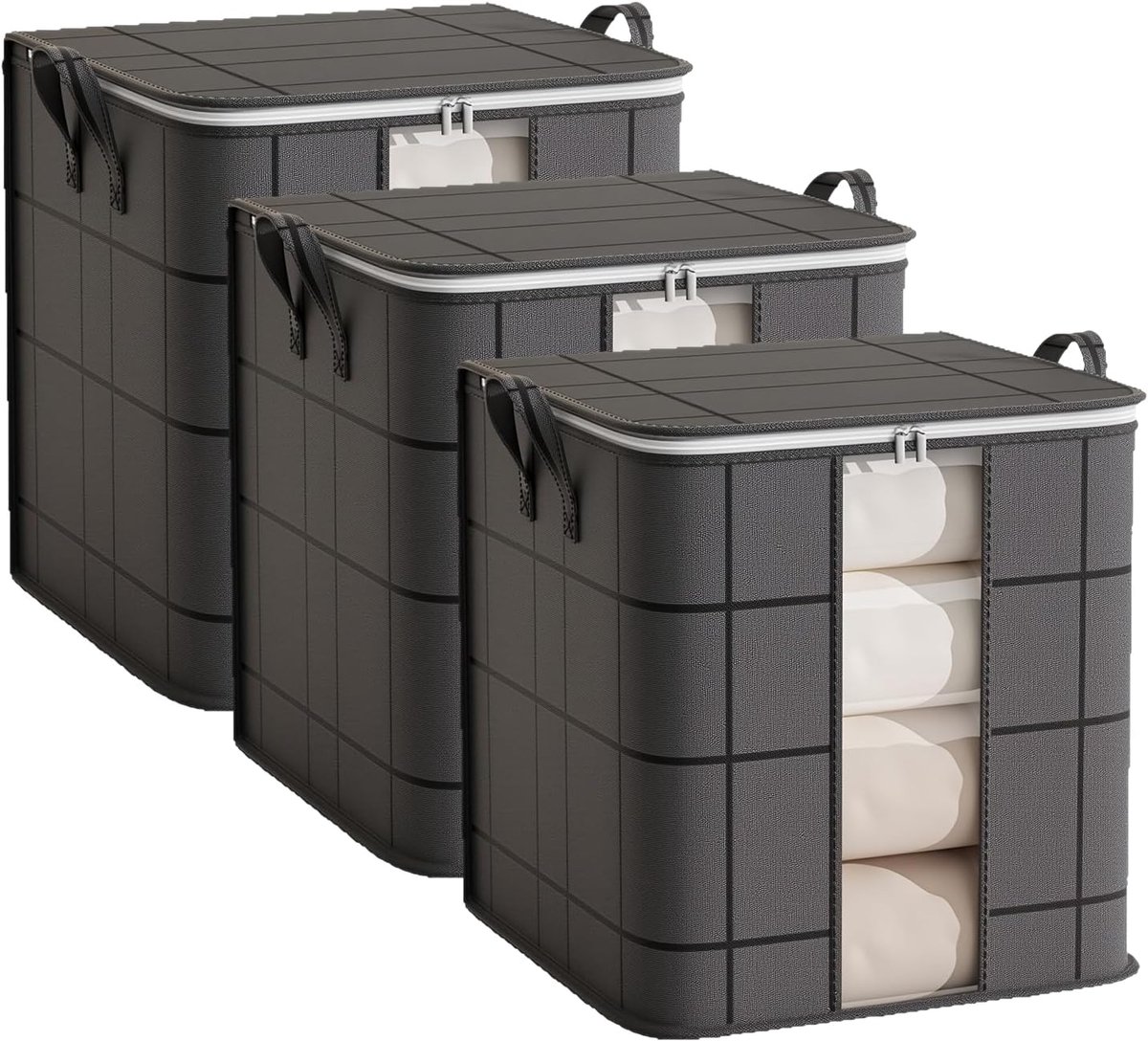 KZQ 3-pack grote kledingopbergzakken 48x28x50 cm - Stevige handvatten en ritsen - Inklapbare opbergbakken voor kleding dekens en beddengoed - Perfect voor kast en thuisorganisatie - Zwart