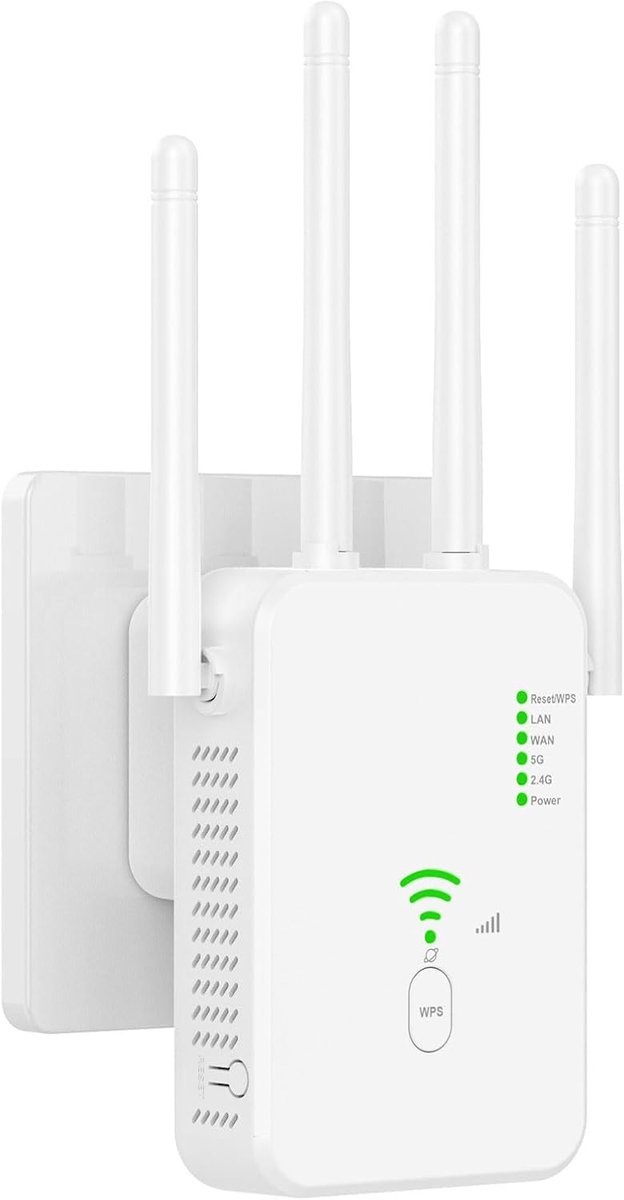 SnelShoppen - Wi-Fi Amplifier WLAN Repeater 1200 Mbit/s - Dual-Band 2.4 + 5 GHz - 4 Antenne Technologie - Voor Stabiele Ontvangst in Het Hele Huis - I