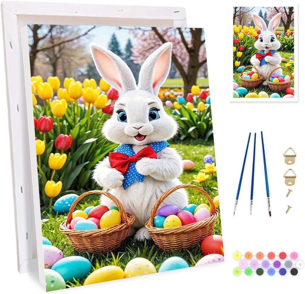 SnelShoppen - Paint by Numbers Kit Volwassenen - Paashaas Schilderen met Eieren en Bloemen - DIY Acrylverf op Canvas met Lijst en Penselen - Creatieve