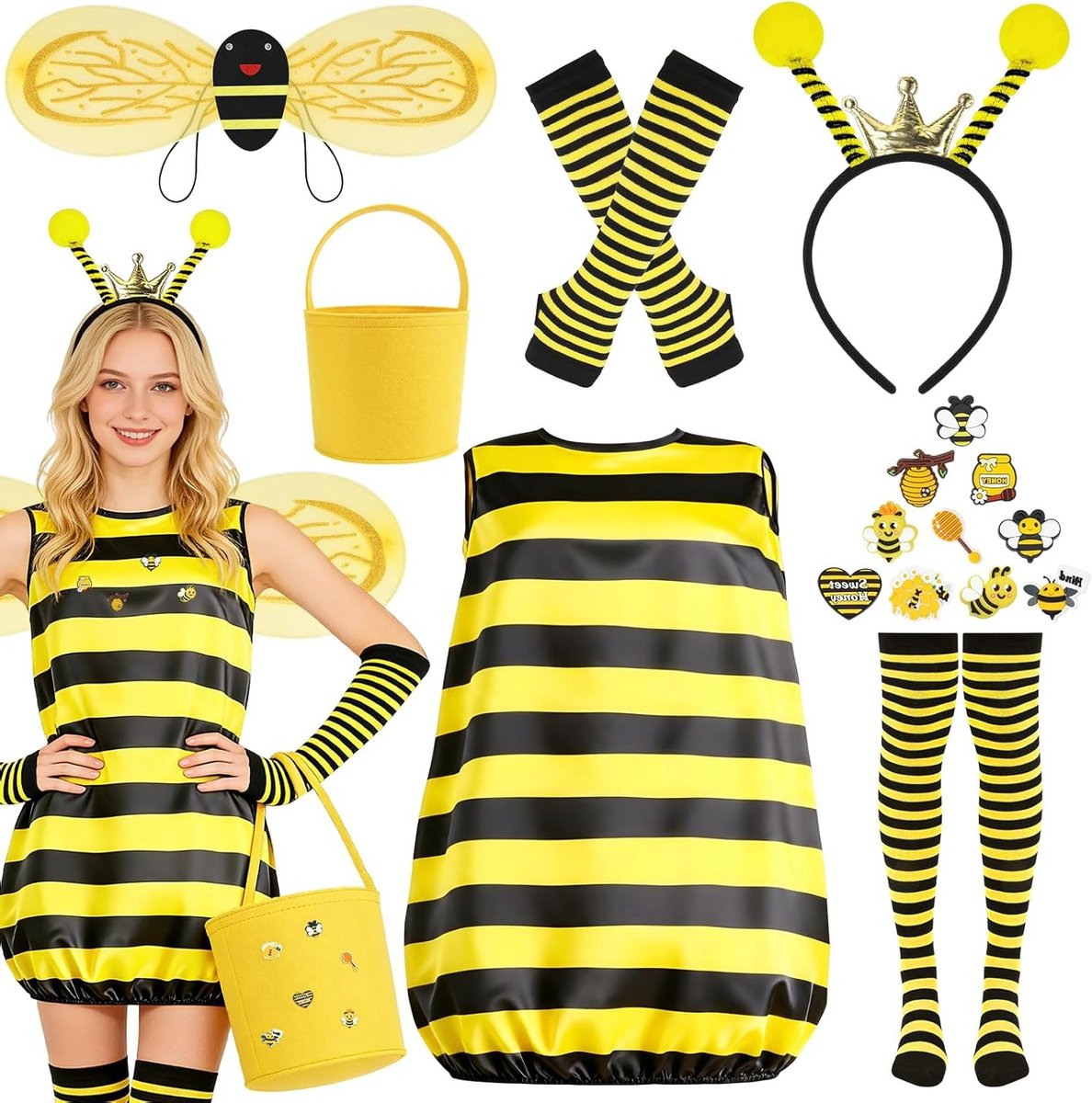 Volwassen Bij Kostuum Set met Hoofdband, Handschoenen, Beenwarmers, Vleugels, Rok, Handtas en Bijenpatch voor Carnaval en Themafeesten