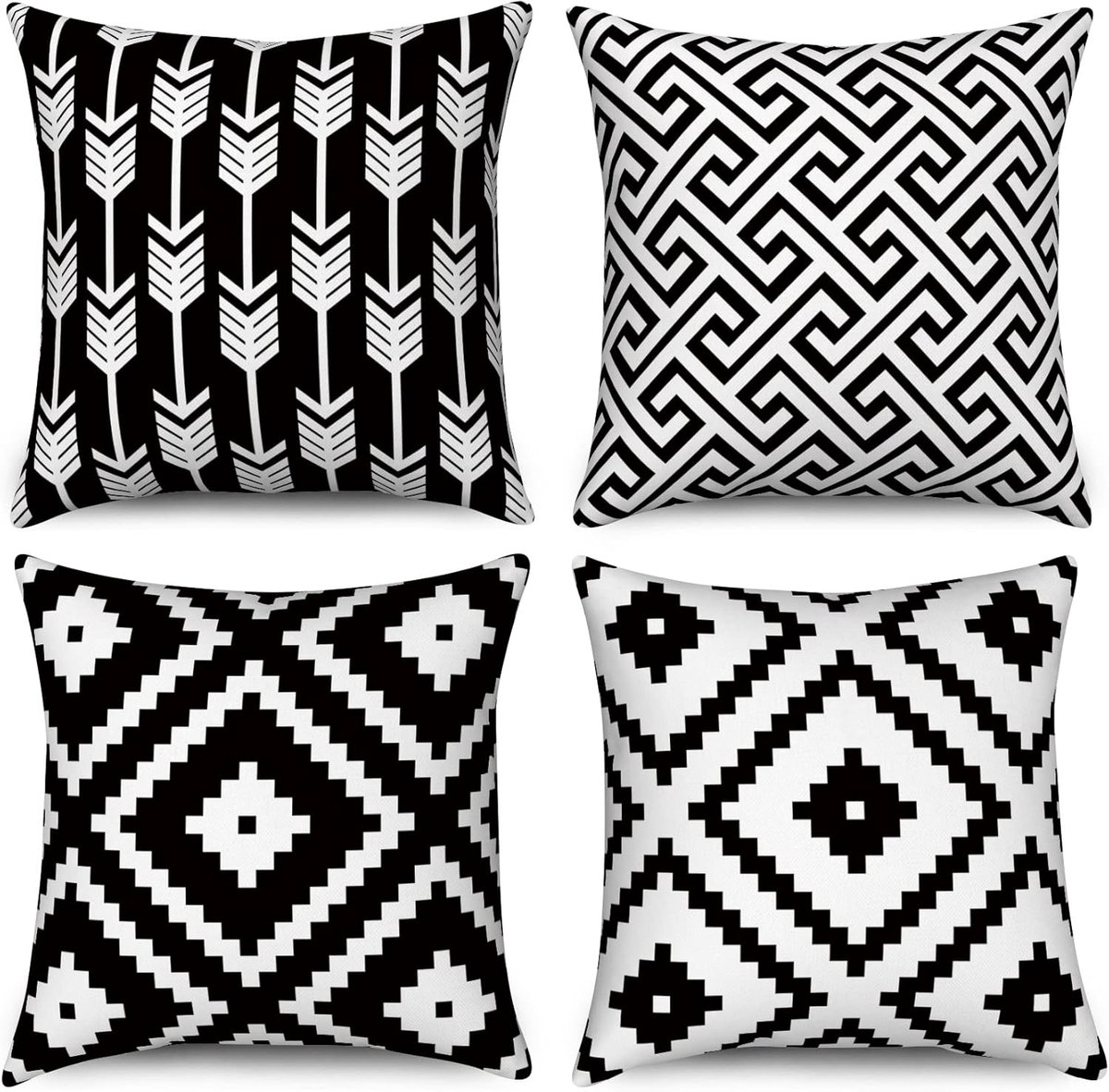 SnelShoppen - Set van 4 Zwarte en Witte Kussenhoezen 45x45 cm, Boho Kussenhoezen met Modern Geometrisch Patroon, Neutrale Decoratieve Linnen Kussenhoe