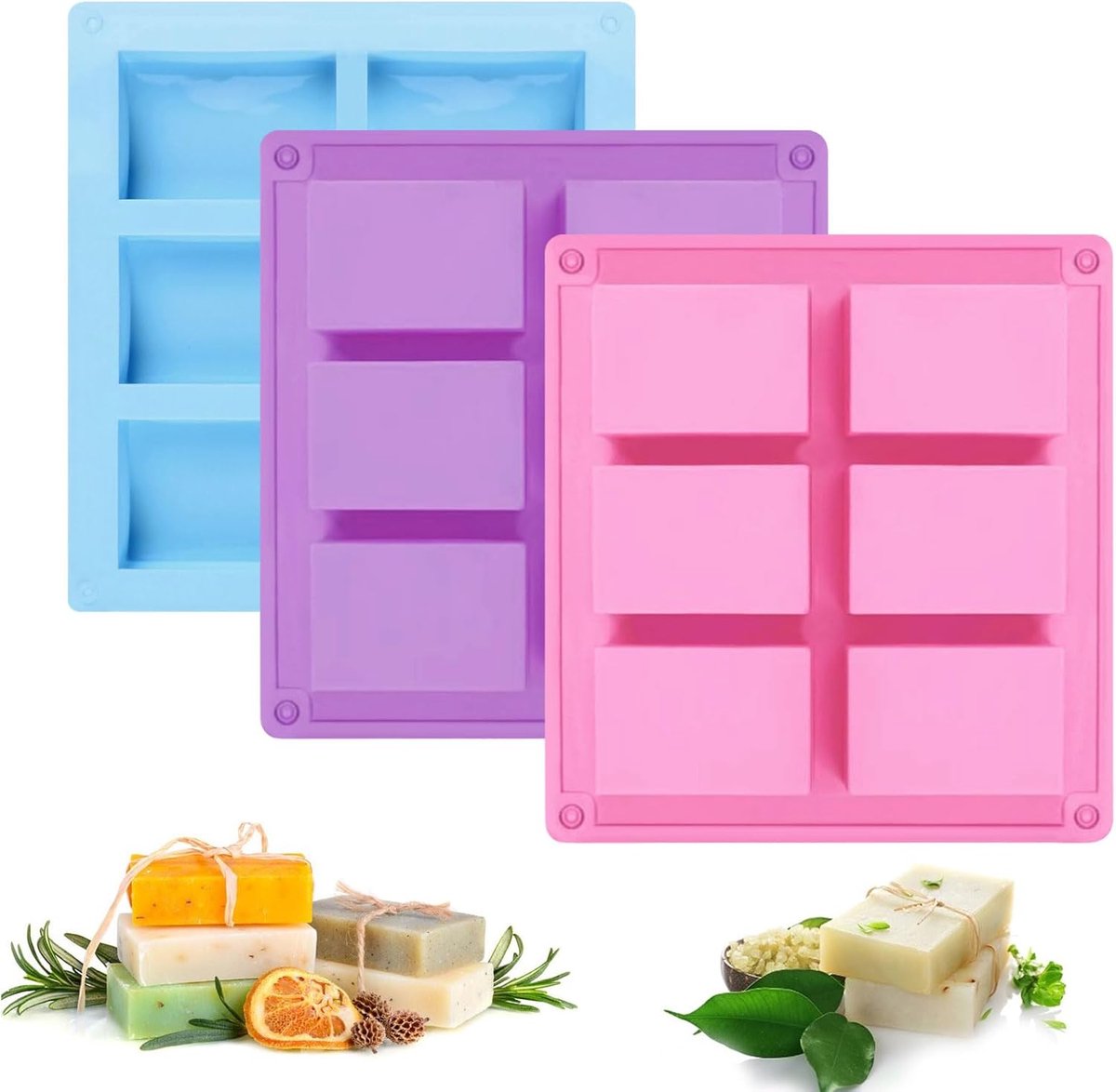 SnelShoppen - Set van 3 Siliconen Zeep Malletjes, 6 Cavity, 8 x 5.5 cm, Rechthoekig, Voor Zelfgemaakte Zeep en IJs, Keuken Accessoire