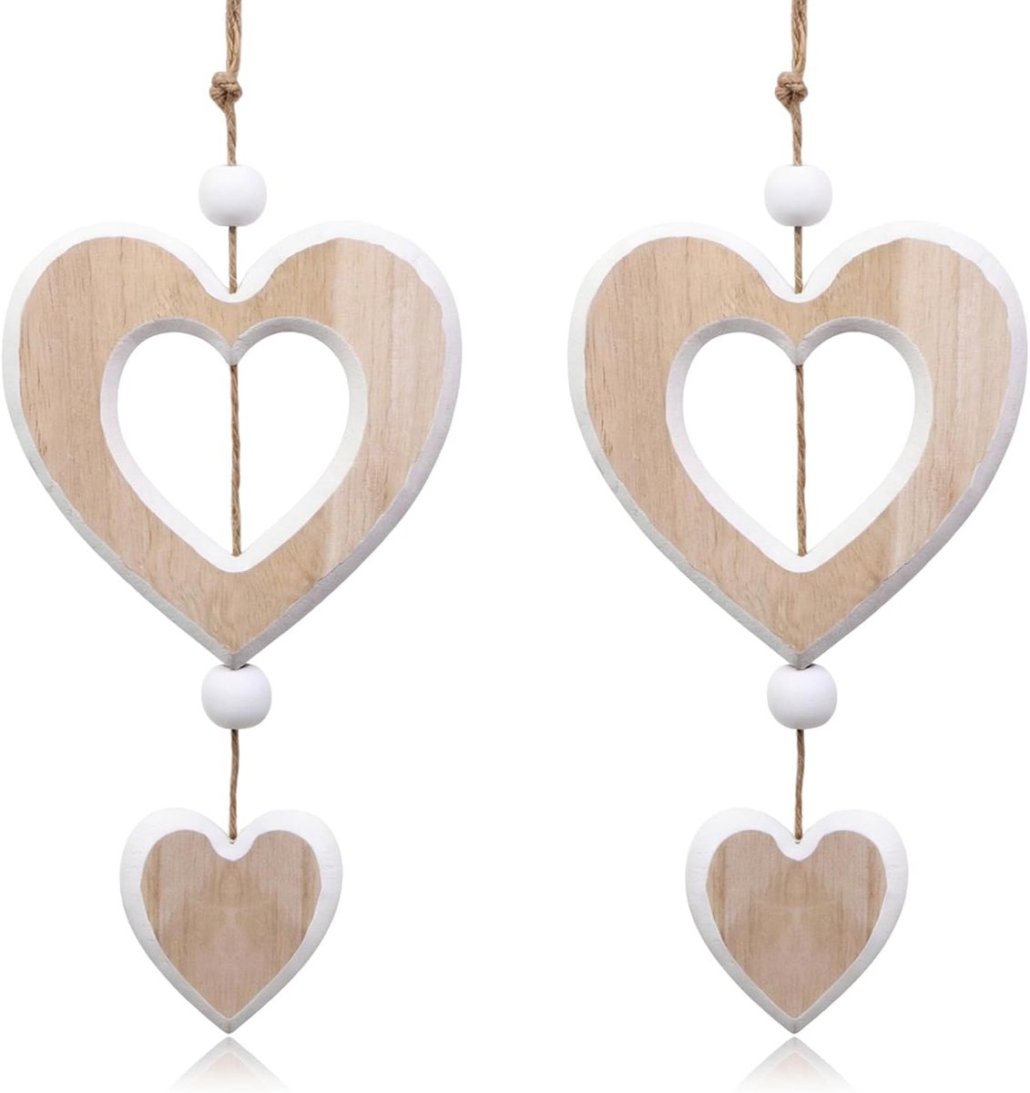 SnelShoppen - Set van 2 Houten Hart Raamdecoratie - Hangende Houten Harten Decoratie voor Woonkamer, Bruiloft, Valentijnsdag - Unieke Natuurlijke Hout