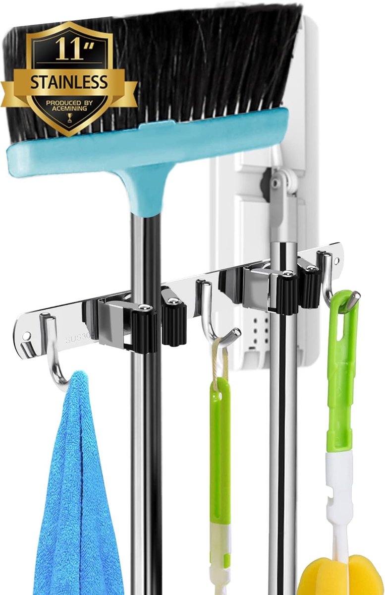 SnelShoppen - Broom Holder Wandbevestiging met 2 Houders en 3 Haken - Stevige Gereedschapshouder met Zelfklevende Bevestiging en Schroeven - Tuin- en