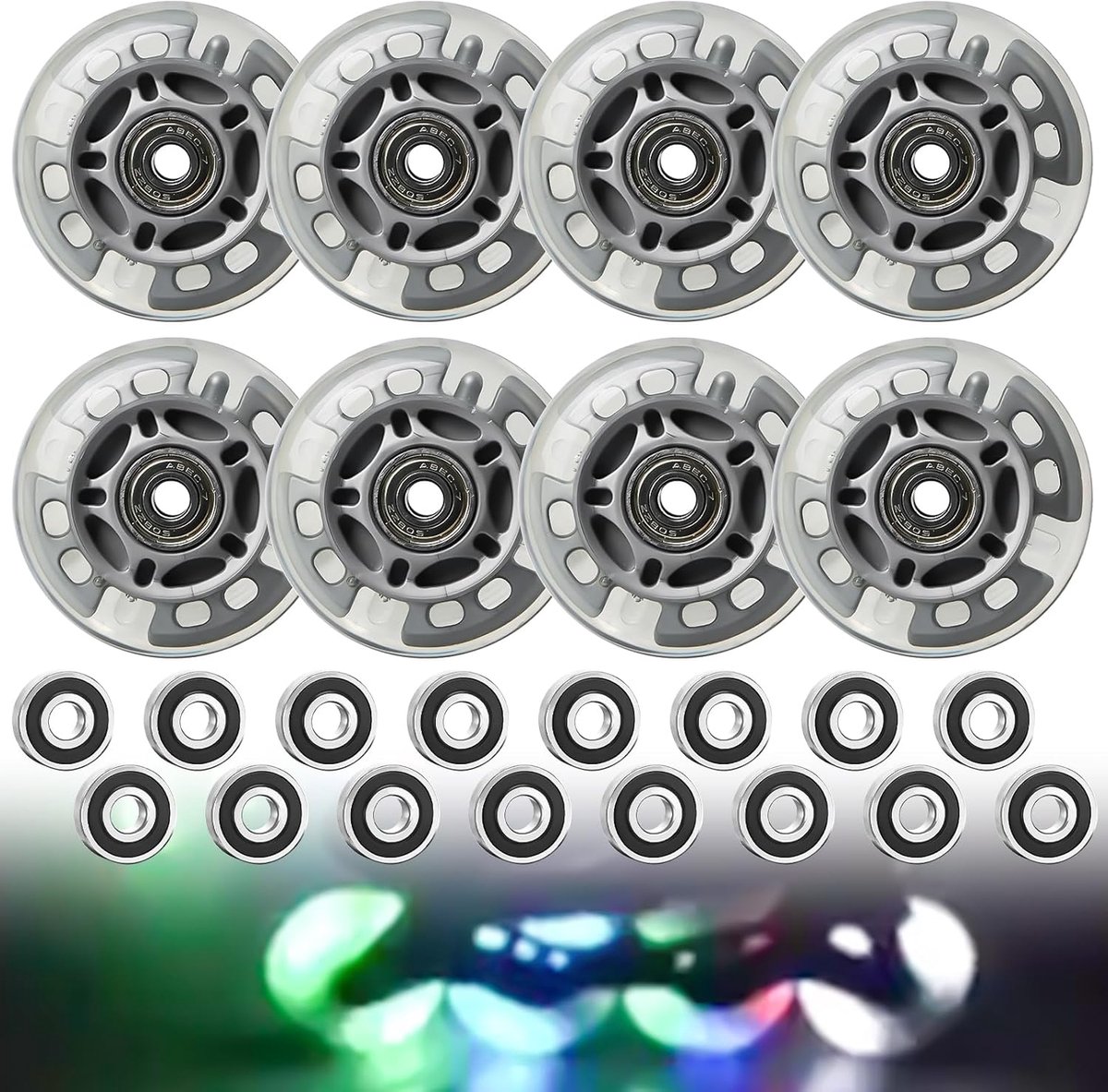 SnelShoppen - Inline Skate Wielen 72 mm Luminescent, 8 Stuks, Transparant Zilver, Geschikt voor Volwassenen en Kinderen, Hoge Elasticiteit en Grip