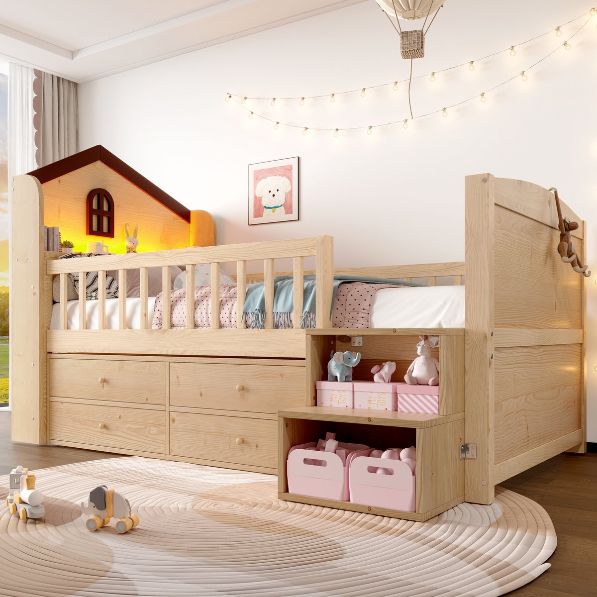 Halfhoogslaper 90x200 cm - Kinderbed In Huisvorm Met Raam En LED-Verlichting - 4 Lades En Opbergladder - Zonder Matras - Hout - Naturel