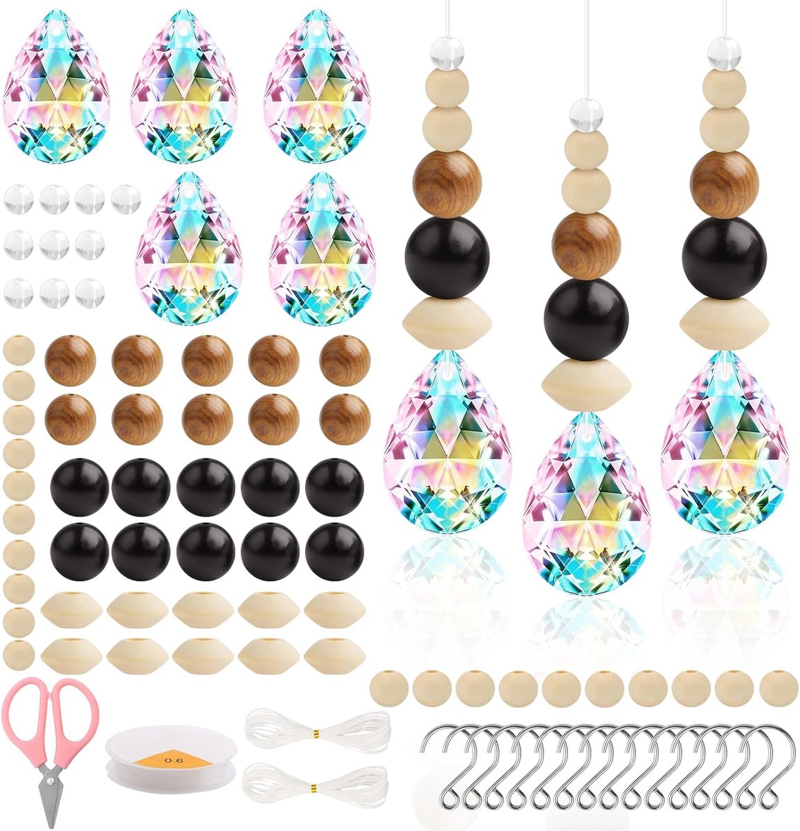SnelShoppen - 8 stuks kleurrijke knutselset zonnevanger, kristal suncatcher met houten en acrylkralen, 38 mm DIY raamdecoratie, hangende decoratie voo