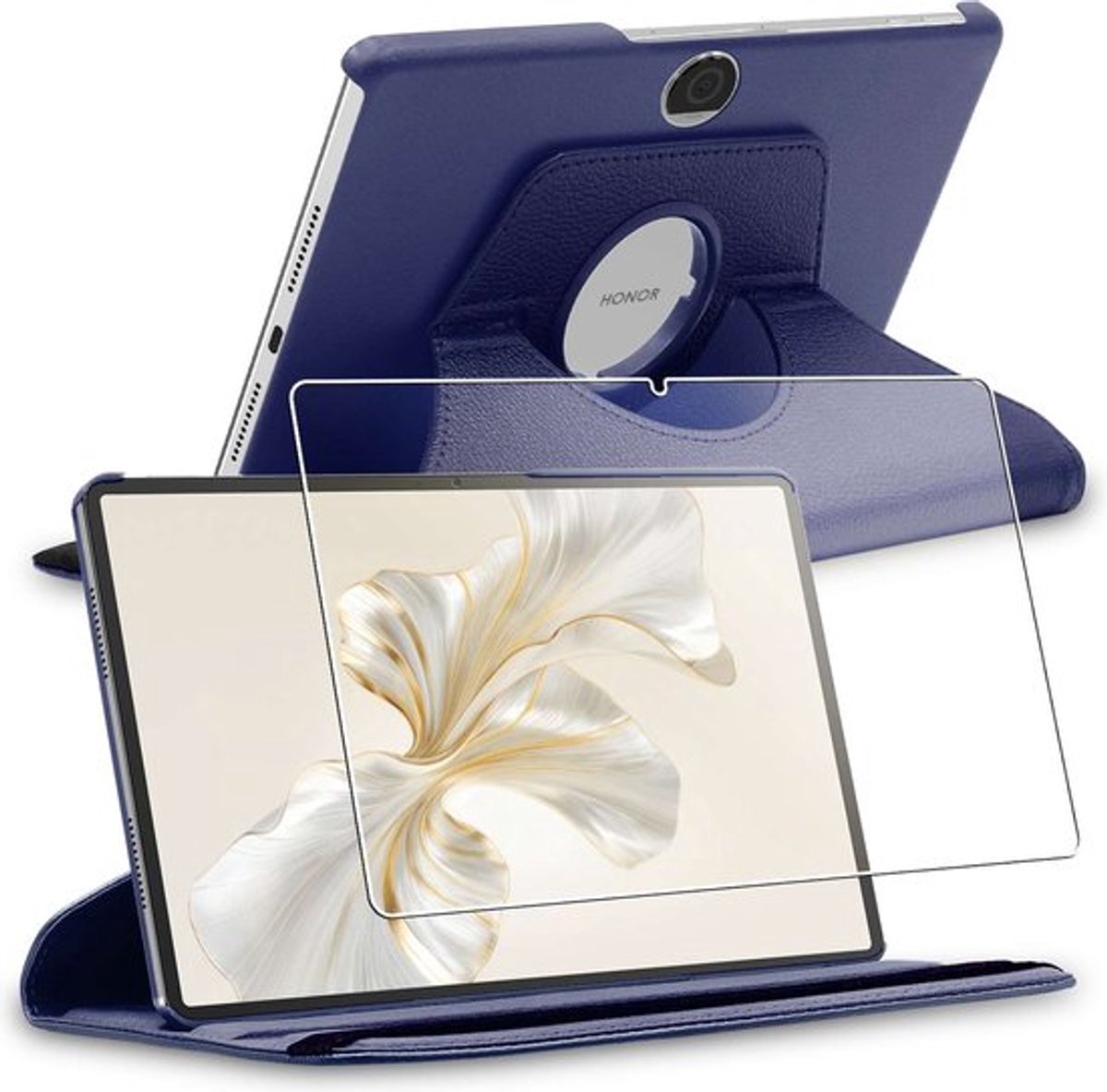 ebestStar - Hoes geschikt voor Honor Pad 9, Roterende Etui, Case, 360° Draaibaar hoesje, Donkerblauw + Gehard Glas