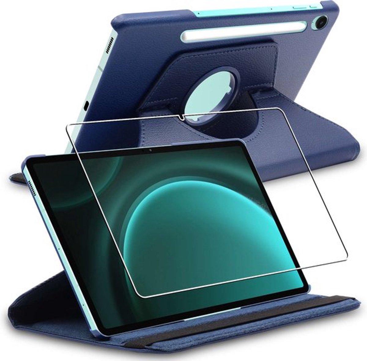 ebestStar - Hoes geschikt voor Samsung Galaxy Tab S9 FE X510N, 5G X516B, Roterende Etui, Case, 360° Draaibaar hoesje, Donkerblauw + Gehard Glas