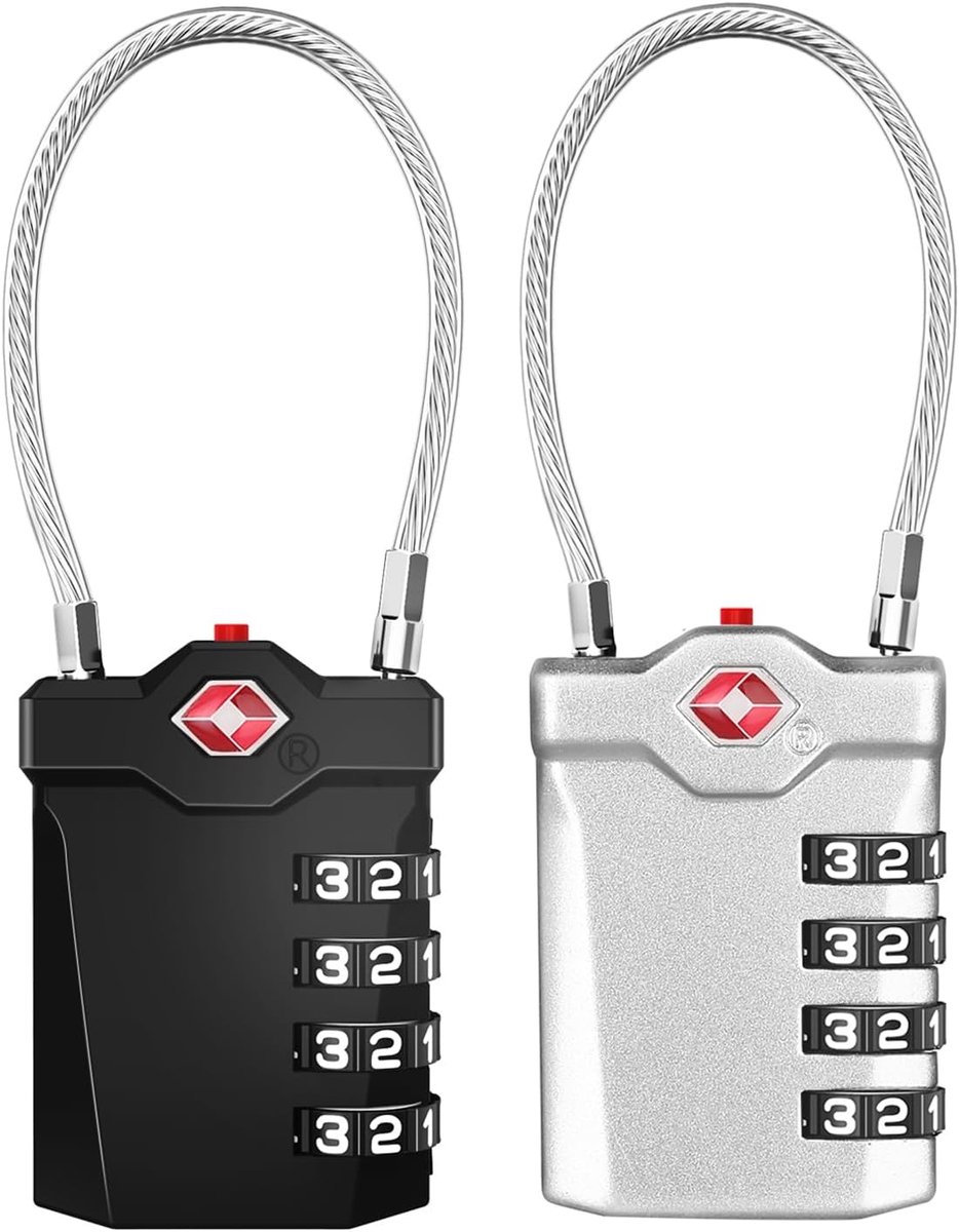 SnelShoppen - 4-Digit Cijferslot TSA voor Reiskoffers - 2 Stuks Zinklegering en Staal, Zwart en Zilver, Hangslot met Cijfercode, Alarmweergave voor Ve