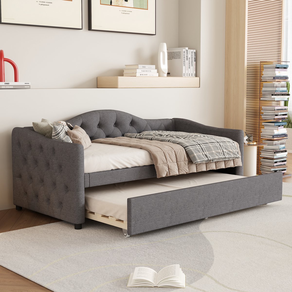 Bedbank 90x200 cm - Eenpersoonsbed met Uittrekbed - Zonder Matras - Minimalistisch voor Slaapkamer en Logeerkamer - Stof en MDF - Grijs