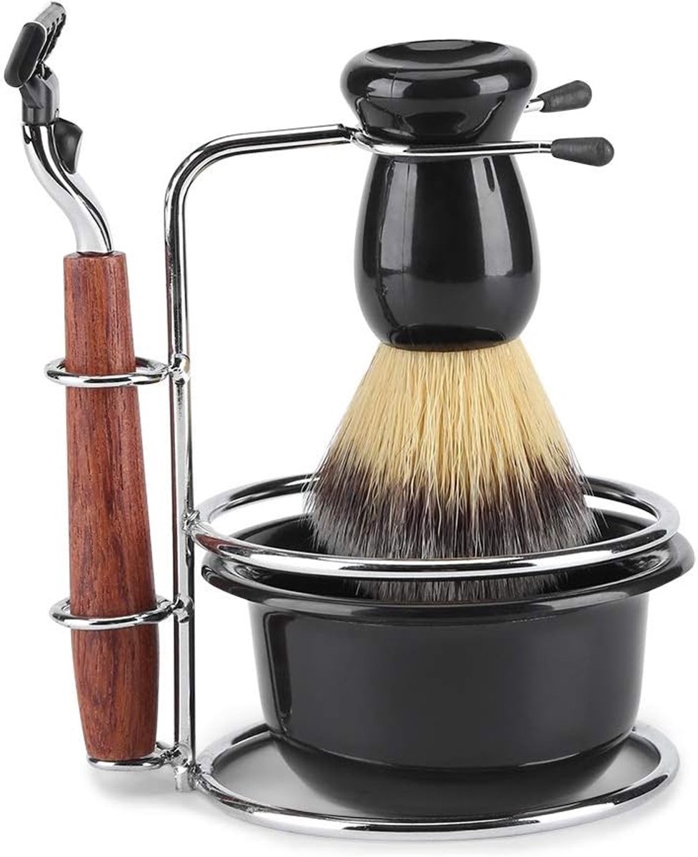 SnelShoppen - 4-delige Scheerkwast Set met Handmatig Mes, RVS Standhouder, Scheerkom & Badger Haar Scheerkwast voor Mannen - Perfect Cadeau voor Vader