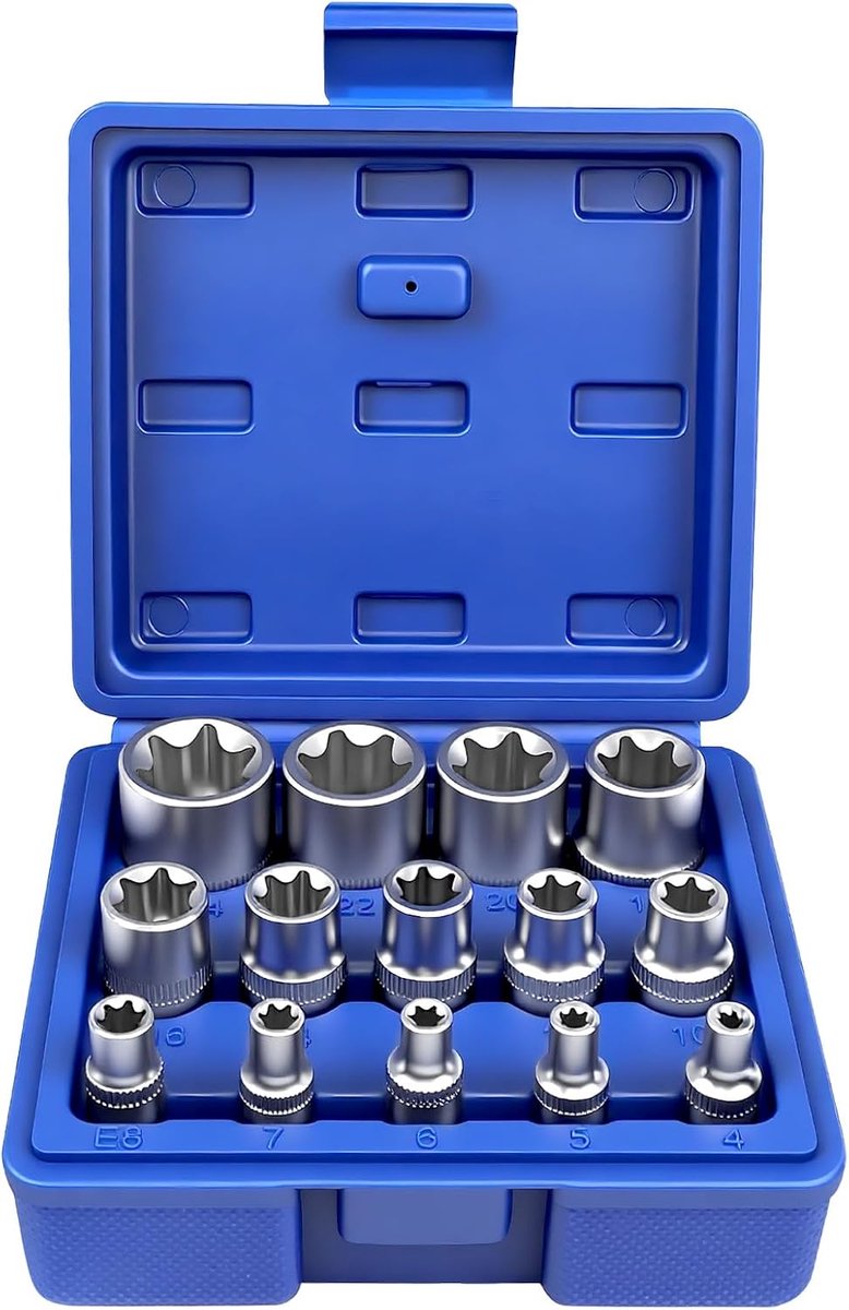SnelShoppen - 14-delige buiten Torx steeksleutelset 1/4" 3/8" 1/2", Torx doppen set E4-E24, Chrome Vanadium staal, Blauw, Duurzaam en roestvrij, Voor