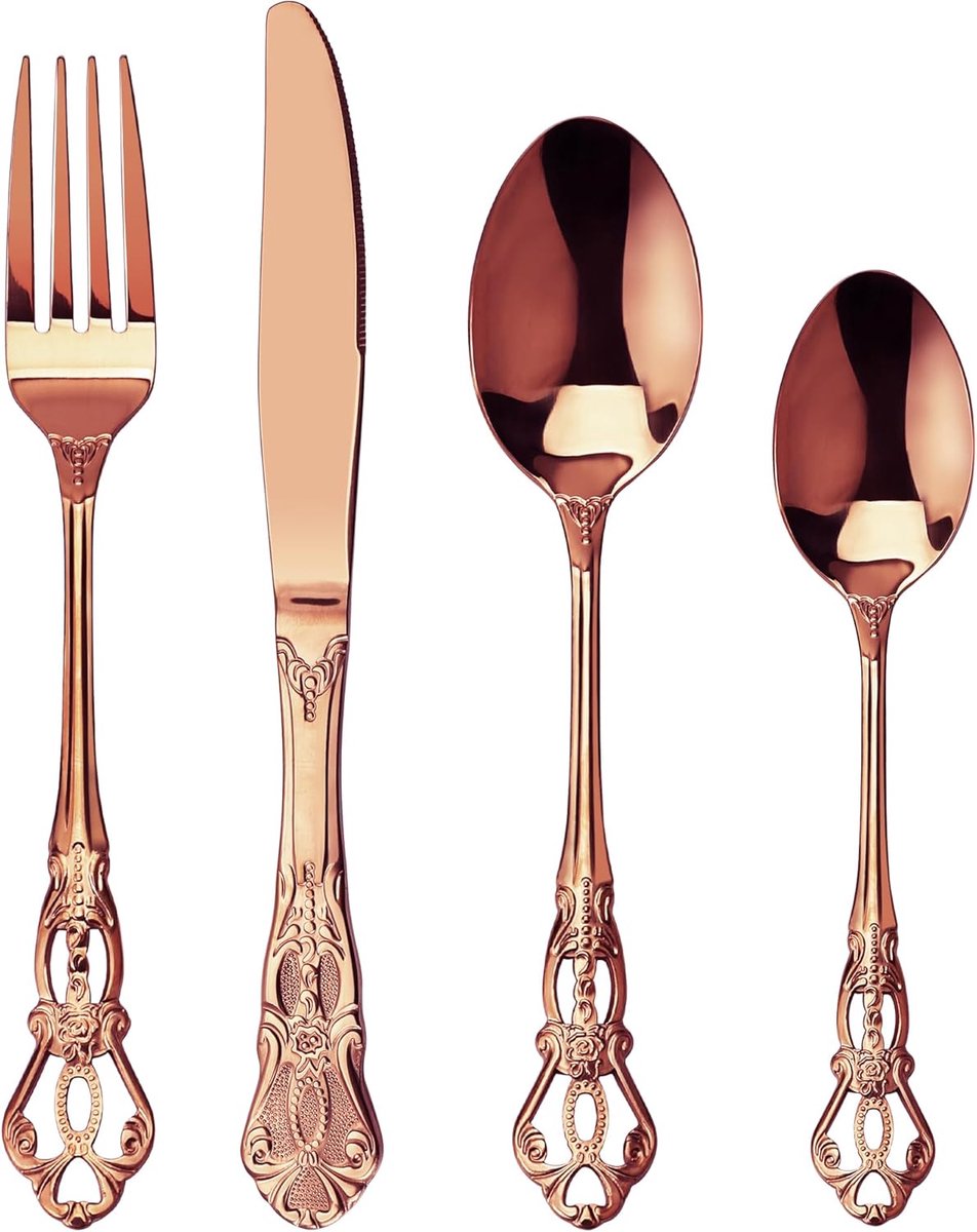 SnelShoppen - Retro Rose Gold Bestekset voor 6 Personen, 24-delige Roestvrijstalen Tafelset, Antiek Barok Design, Inclusief Mes, Vork, Lepel en Theele