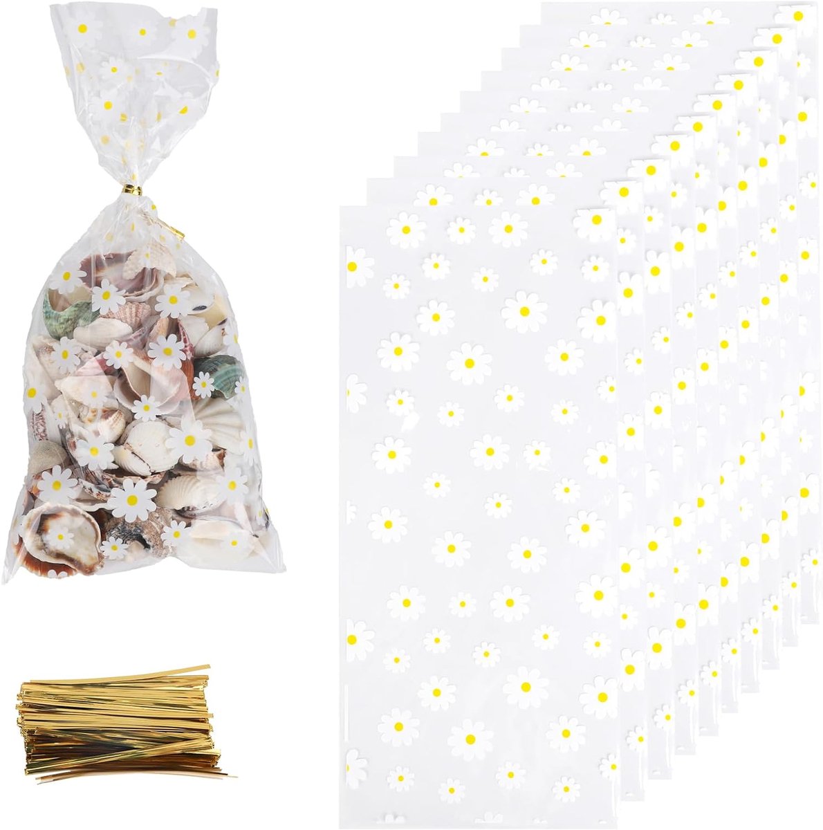 SnelShoppen - 100 Stuks Daisy Gift Bags - Transparante Bloemen Cadeauzakken met Gouden Strikjes - Perfect voor Trouwen, Verjaardagen, Babyshowers, Zom