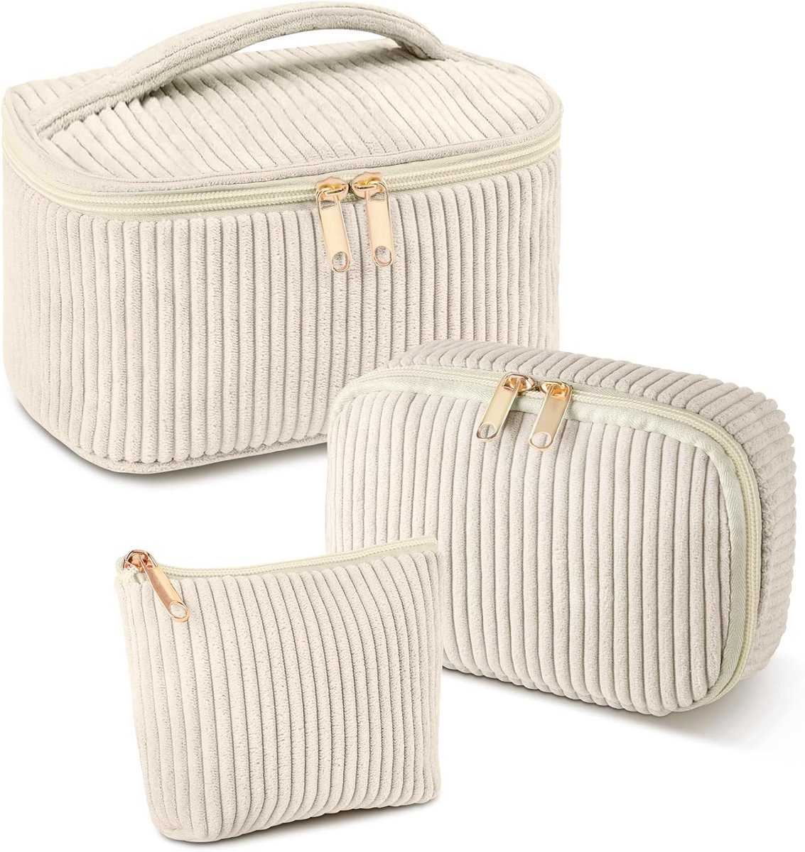 SnelShoppen - Aucuu Dames Cosmetica Tas Corduroy Makeup Tas met Rits, Beige 3-Pack, 21x13.5x12 cm, Portable Multifunctionele Reis Organizer voor Make-