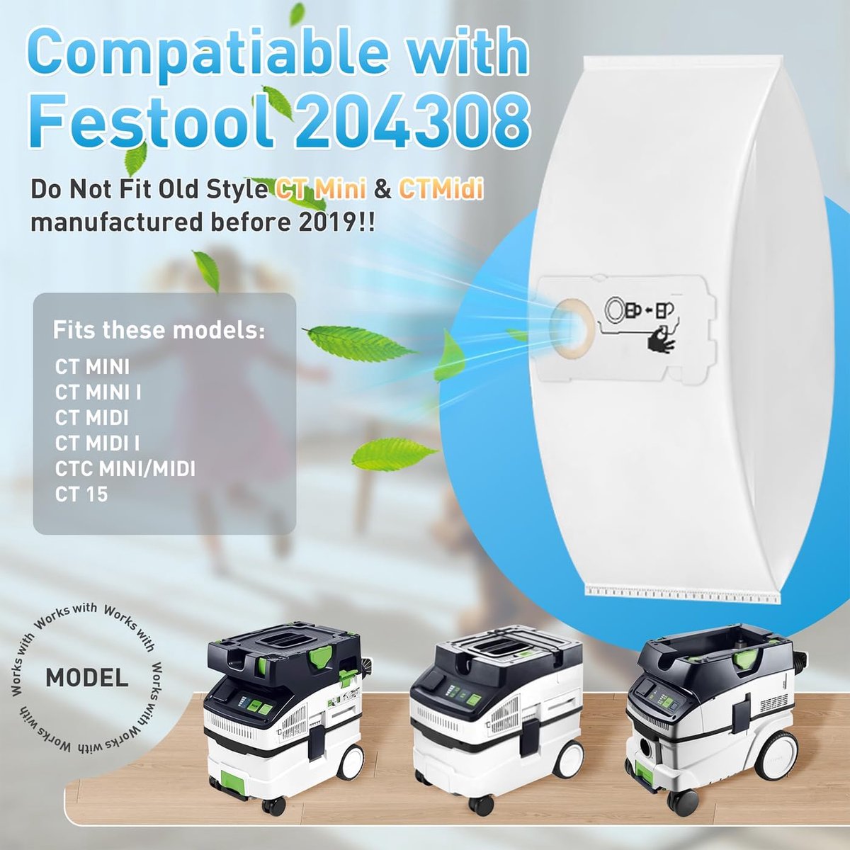 SnelShoppen - Pack van 12 SELFCLEAN Filterzakken voor Mini/Midi/Vacuum Cleaner - Geschikt voor Festool CT Mini, CT Midi, CTC Mini, CTC Midi, CT 15 - D