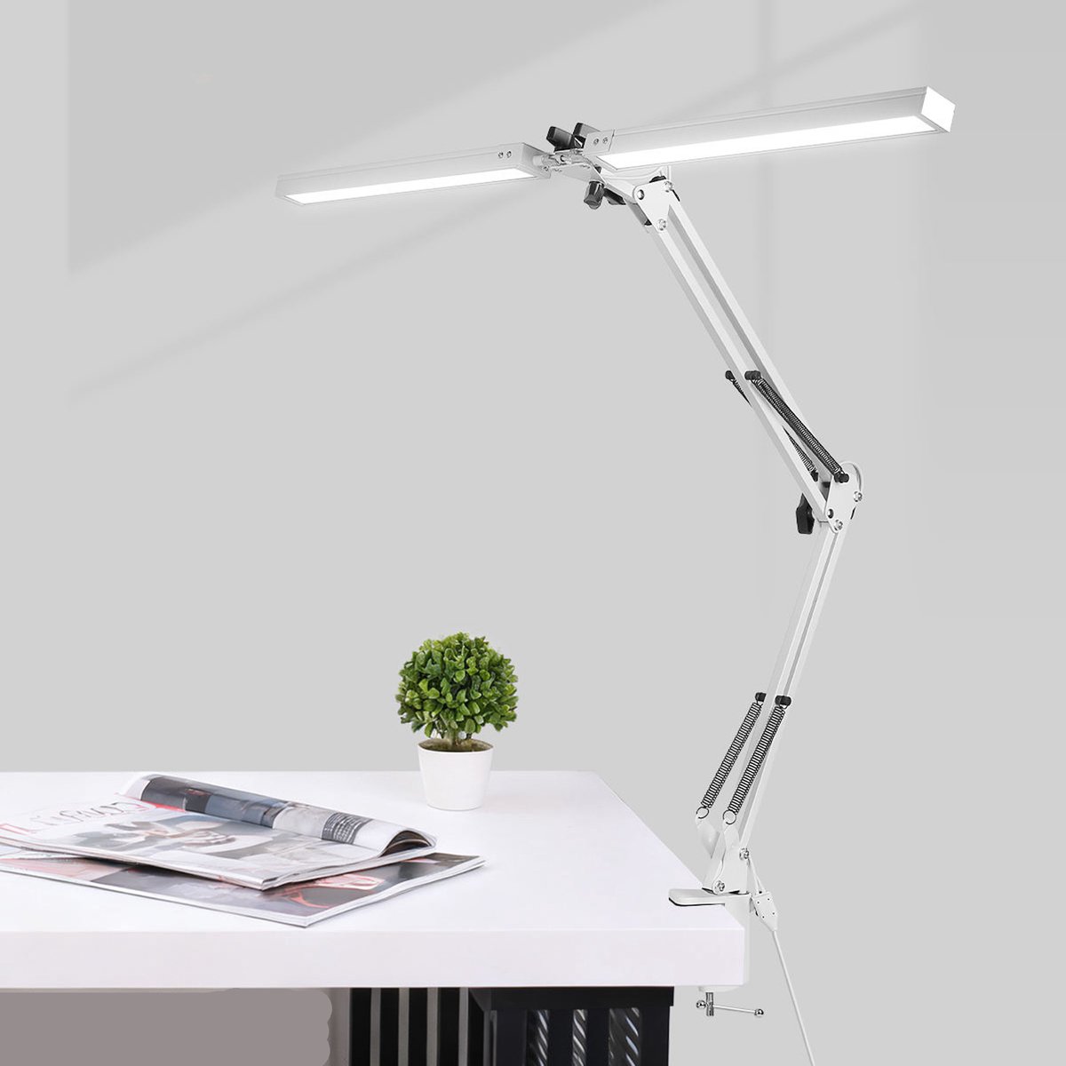 KZQ LED-bureaulamp met twee lampkoppen en dubbel scharnierarm - Oogcomfortabel licht voor lange werkuren - Verstelbaar en stabiel met geheugenfunctie - Perfect voor thuis en kantoor - Zwart
