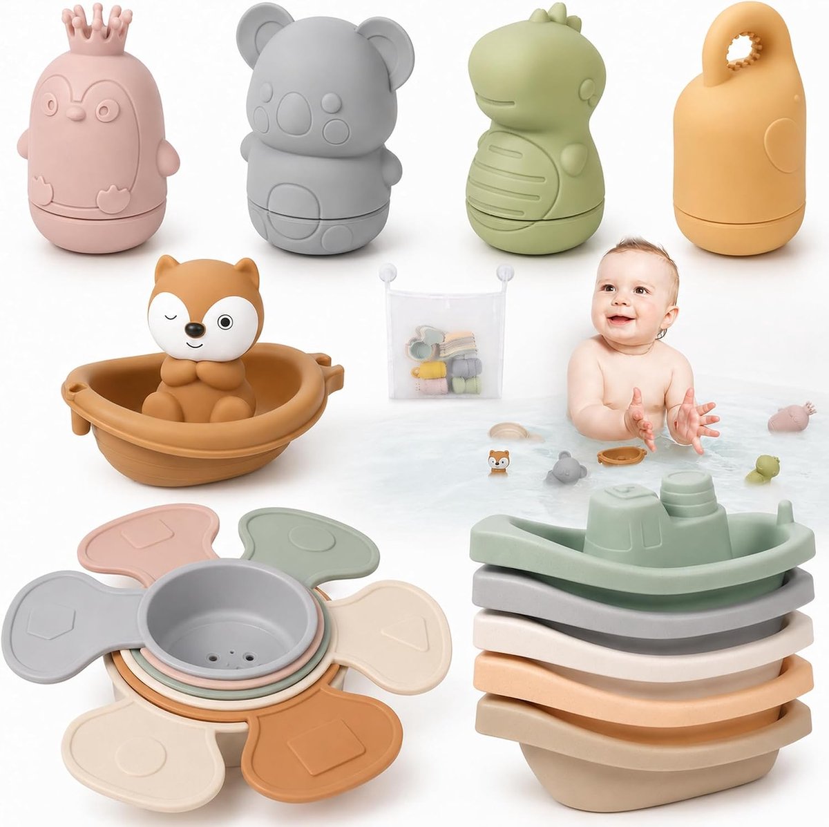 SnelShoppen - Bad Speelgoed voor Baby's 1 Jaar, 17-delige BPA Vrije Siliconen Bad Speelgoedset met 4 Spuitdieren, 6 Stapelkappen, 5 Boten, Vosboot & M