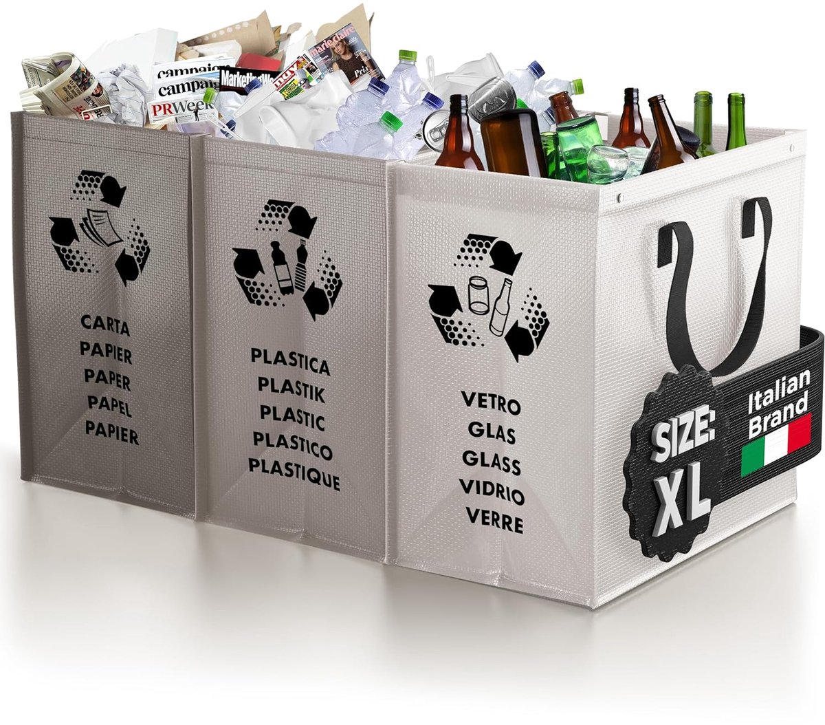 SnelShoppen - PTMS Afvalbak 3 Compartimenten MAXI XL - Afval Scheidingssysteem voor Papier, Glas en Plastic - Duurzame en Herbruikbare Organiser Tasse