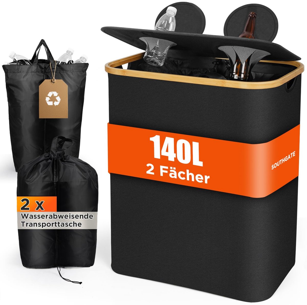 SnelShoppen - 140L Keukenafvalbak met 2 Compartmenten, XL Afvalopslag voor Flessen, Blikjes en PET, Zwarte Flessenopslag met Deksel en 2 Herbruikbare