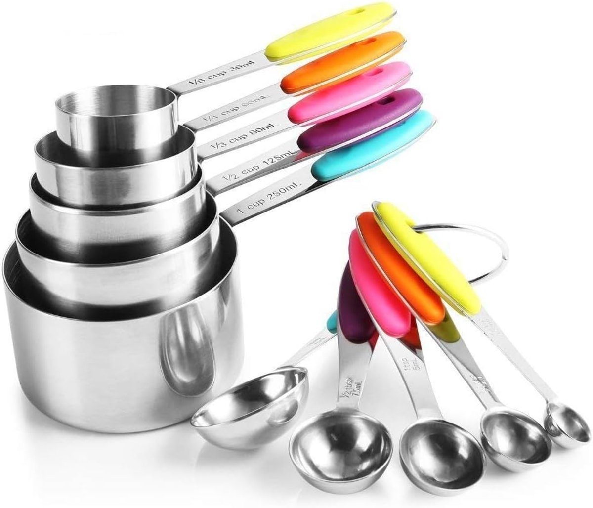 SnelShoppen - RVS Maatlepels en Maatbekers Set - 5 Maatbekers, 5 Maatlepels, 2 Siliconen O-ringen - Perfect voor Keuken, Bakken, Koken - Afwasmachineb