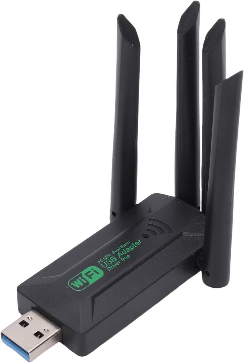 SnelShoppen - Dual Band WiFi USB Adapter 1300Mbps - 2.4G 5G Gigabit Wireless Dongle met Antenne - Compatibel met WiFi6 - Plug and Play voor PC en Lapt