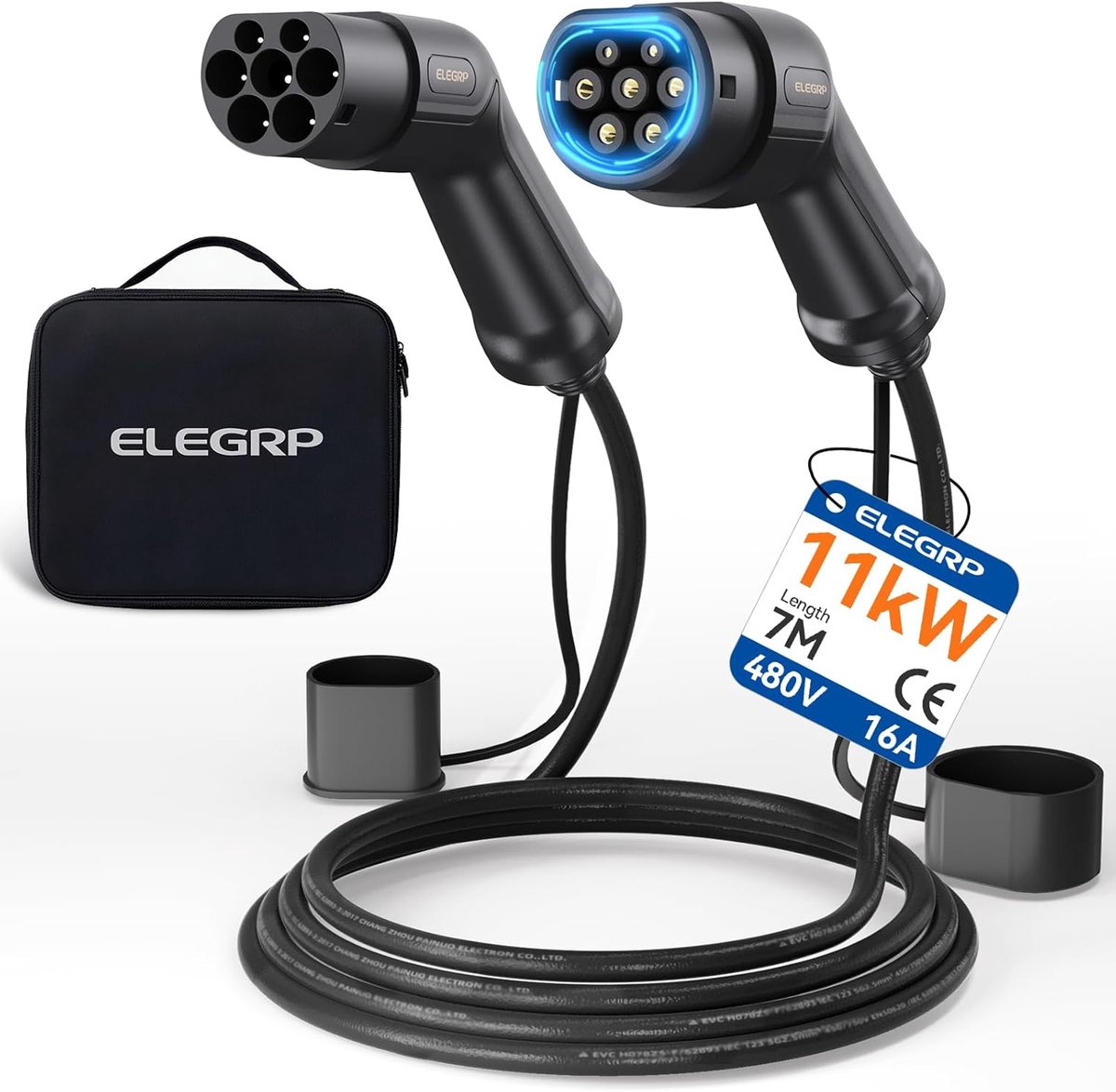 SnelShoppen - Type 2 Oplaadkabel voor Elektrische Auto, 22 kW, 10 m, 32 A, 3 Fasen, Geschikt voor Model S/3/X/Y, VW ID.3/ID.4 e-Golf, Met Draagtas, Sn