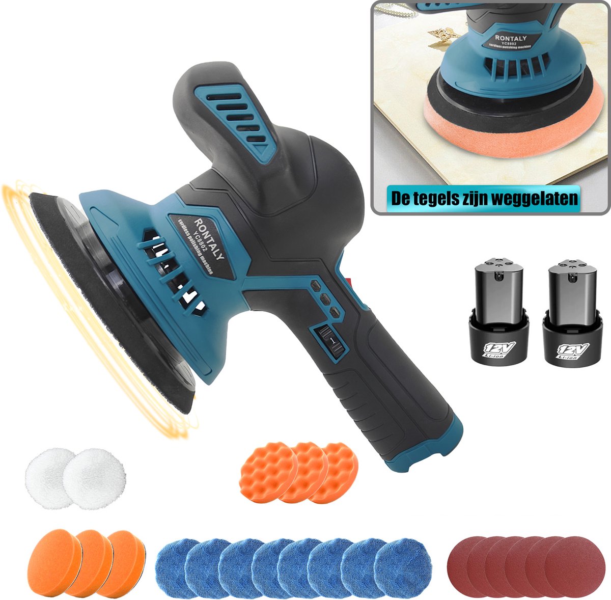 Draadloze Autopoetsmachine 12V 6 Snelheden Oplaadbare Polijstmachine met 2 Accu's, Complete Set Polijstschijven voor Auto Waxen, Krassen Verwijderen en Meubelpoetsen