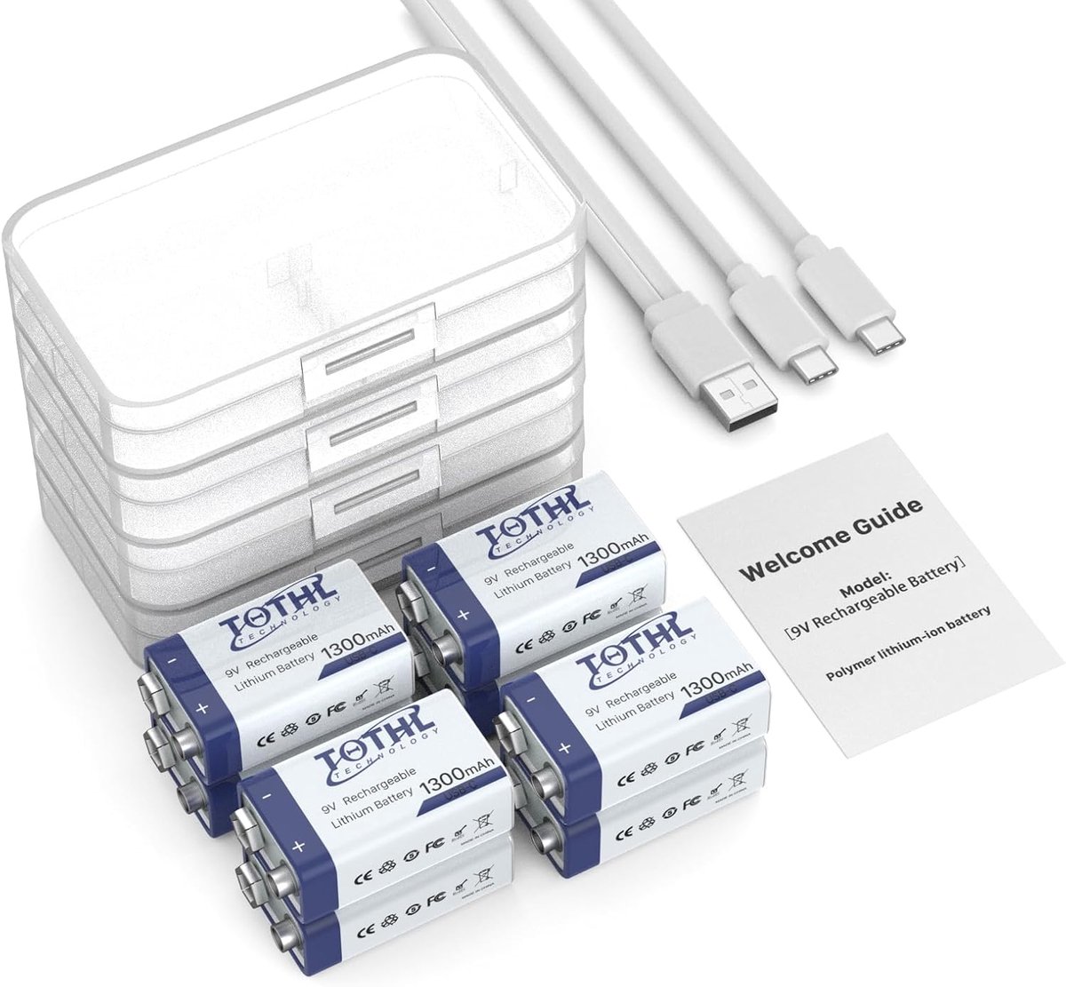 SnelShoppen - 8x Oplaadbare 9V Batterijen 1300 mAh USB-C Blokaccu voor Rookmelder, Waarschuwingsmelders, Multimeter met Opbergdoos
