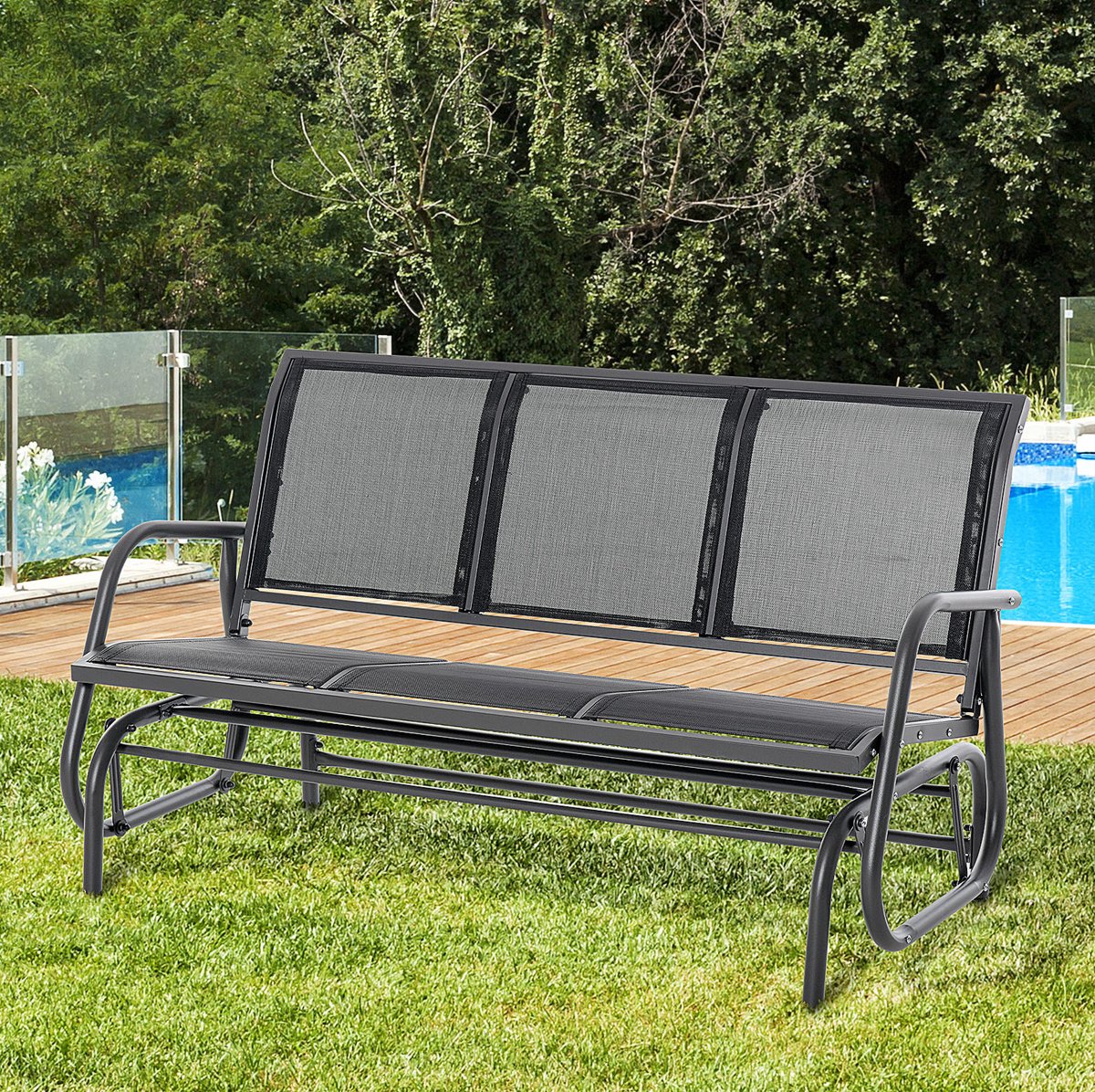 Schommelbank 3-Zits - Met Schommelfunctie - 147 x 75 x 85 cm - Metaal En Ademende Netstof - Zwart - Voor Tuin En Terras