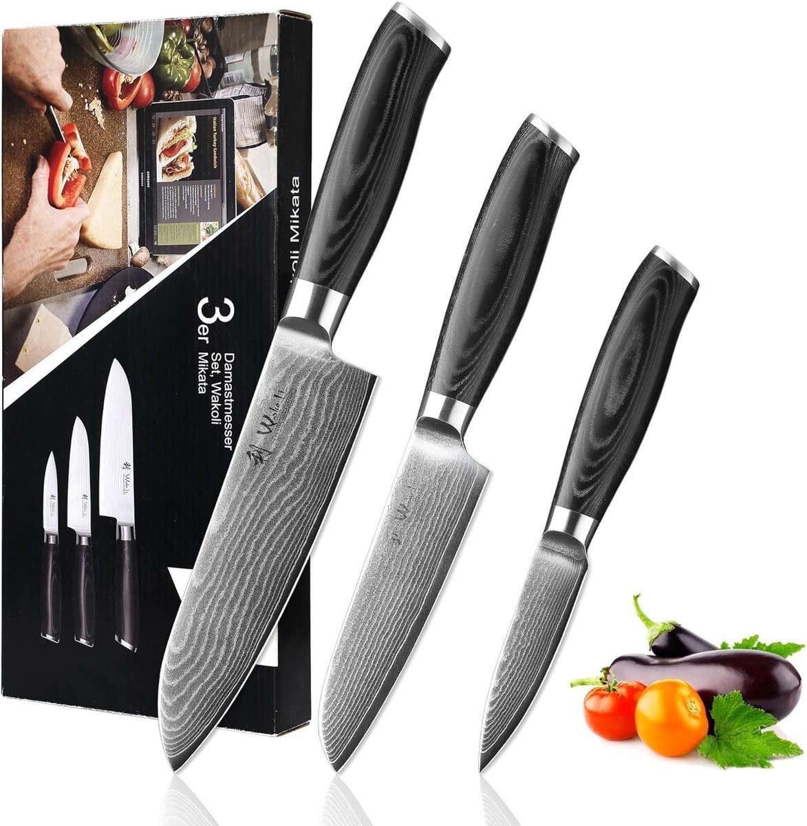 SnelShoppen - Professioneel 3-delig Damast Kookmes Set, 67 Laags VG10 Staal, Inclusief Santoku 17 cm, Klein Santoku 12 cm en Office Mes 8 cm, Ideaal v