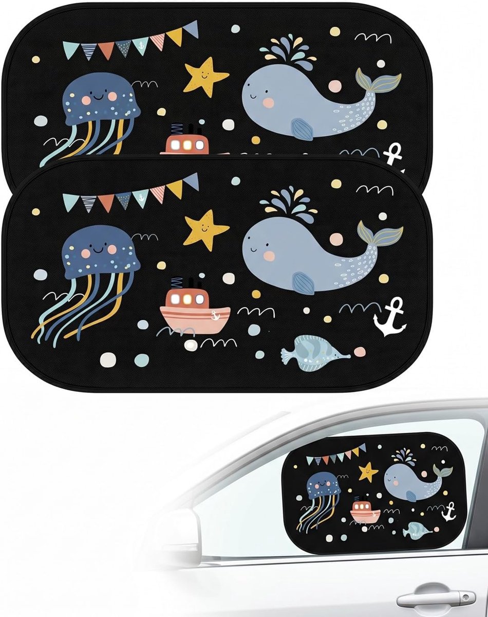 SnelShoppen - Autozonwering voor Kinderen 2 Stuks, UV-Bescherming, Hittebescherming, Design Zeedieren, Universeel voor Zijruiten, Comfortabel en Veili