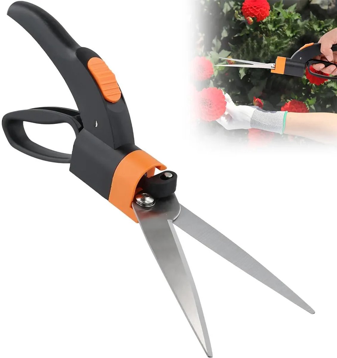 Graskanttrimmer met 360° draaibare, gekartelde messen, ergonomische handgreep en antiaanbaklaag, Geschikt voor nauwkeurig trimmen van gazon en tuinonderhoud.