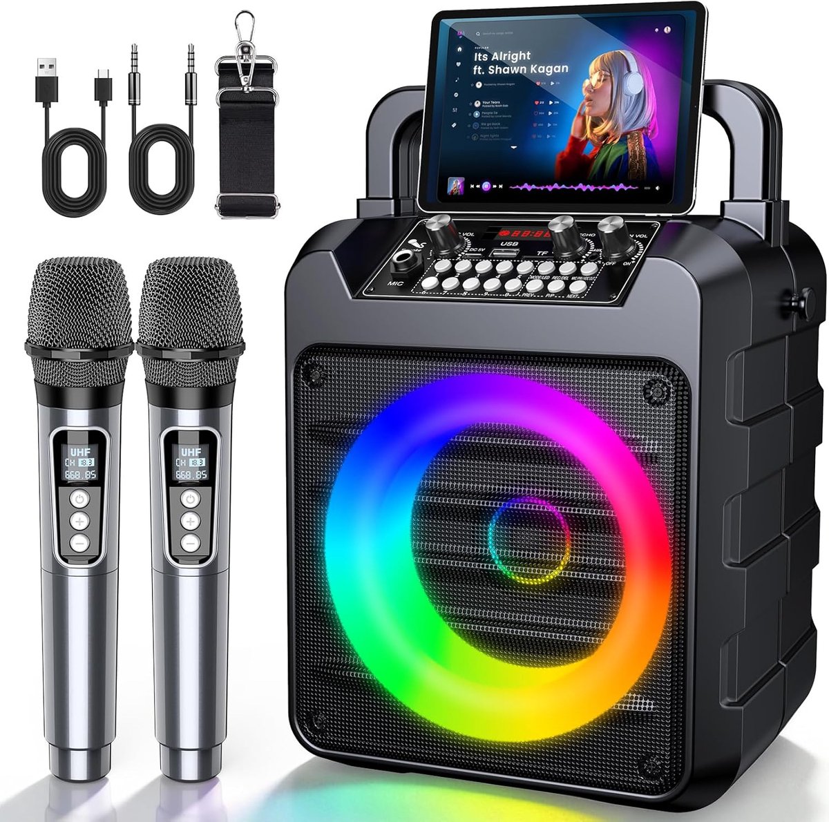 SnelShoppen - Draagbare Bluetooth Karaoke Luidspreker voor Volwassenen met 2 Draadloze Microfoons, LED-verlichting, TWS, AUX/USB, Bluetooth 5.3 voor F