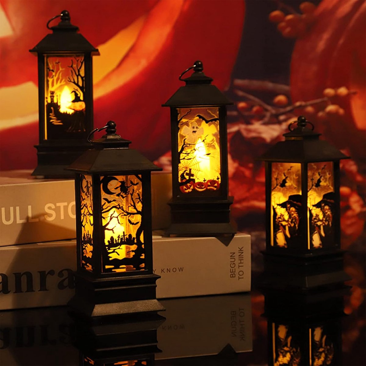 SnelShoppen - Halloween Decoratieve Pompoen Lantaarns, 4 Stuks, 13 cm Hoog, LED Kaars, Buitenverlichting, Tuin Decoratie, Herfst, Feest, Binnen en Bui