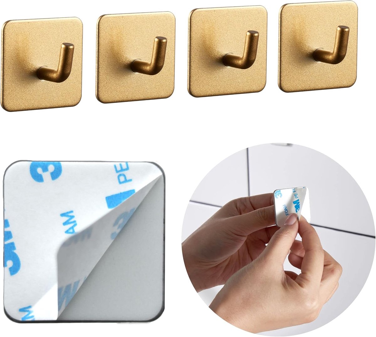 SnelShoppen - 4 Luxe Badjas Haken - Wandhaken voor Badkamer en Keuken - Geen Boren Nodig - Goudkleurige Zelfklevende Handdoek Hangers - Ideaal voor Ha