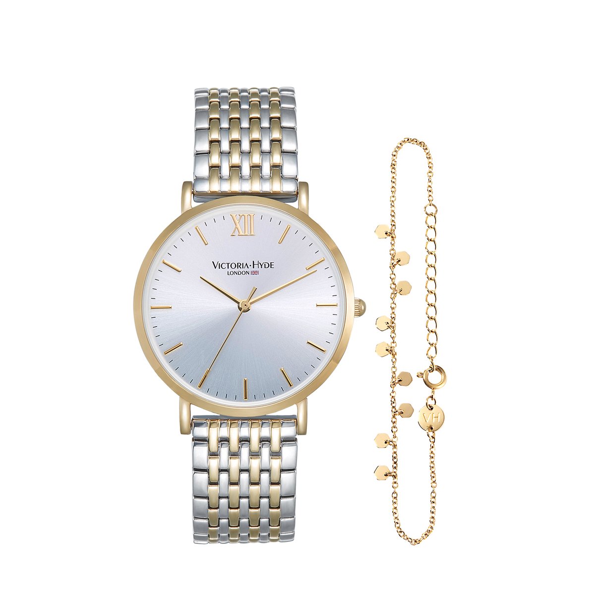 Victoria Hyde - "Primrose Classic Bicolor" cadeauset - Dames Horloge geschenkset - Dames Regal cadeauset met gratis goudkleurige armband - Polshorloge - Analoog - 33mm Doorsnee - zilver goud - met Cadeauverpakking